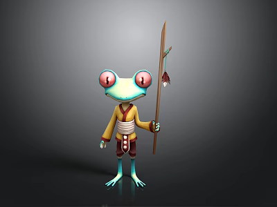 Cartoon Frog Character With Big Red Eyes Blue Body Yellow Red Outfit And Spear 3d model