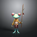 Cartoon Frog Character With Big Red Eyes Blue Body Yellow Red Outfit And Spear