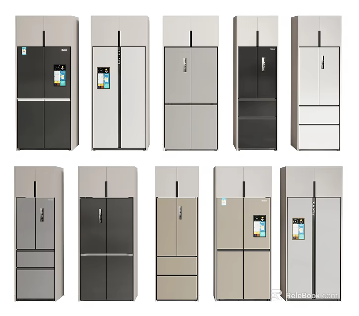 Modern Refrigerators and Freezers with Various Styles and Colors for Home Kitchen 3d model 