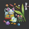 Playful Colorful Cat Frog Duck Dragonfly And Fish With Leaf And Balls