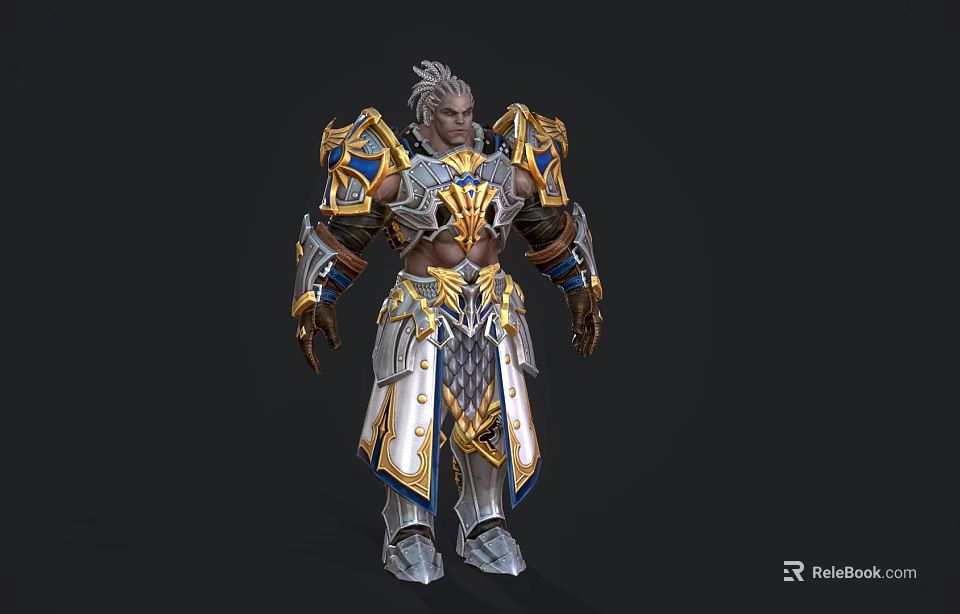 Silver Haired Fantasy Game Character With Ornate Gold Blue Battle Armor Design 3d model 