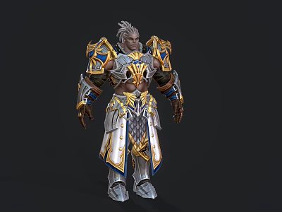 Silver Haired Fantasy Game Character With Ornate Gold Blue Battle Armor Design 3d model