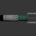 Military Weapon Featuring Silver Body Green Section Black Base Blue Component and Metal Fins Design