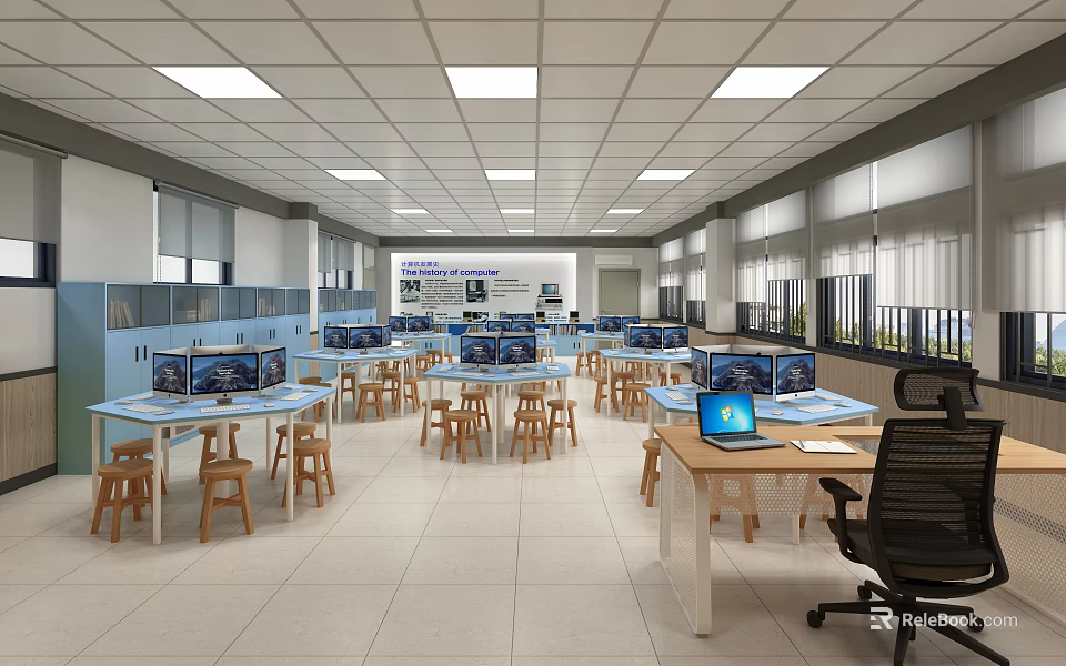 School Bright Computer Classroom with Multiple Computers on Tables and Chairs for Student Learning 3d model 