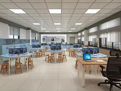 School Bright Computer Classroom with Multiple Computers on Tables and Chairs for Student Learning 3d model