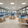 School Bright Computer Classroom with Multiple Computers on Tables and Chairs for Student Learning 3d model
