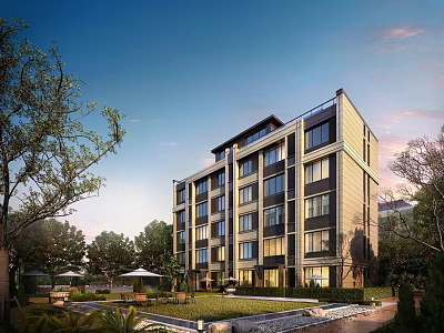 Modern Residential Building Featuring Contemporary Facade And Landscaped Garden With Trees And Lawn 3d model