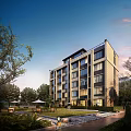 Modern Residential Building Featuring Contemporary Facade And Landscaped Garden With Trees And Lawn