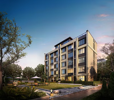 Modern Residential Building Featuring Contemporary Facade And Landscaped Garden With Trees And Lawn 3d model