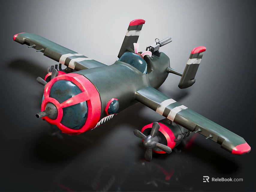 Vintage Fighter Aircraft With Green Body Red Nose And Shark Mouth Design 3d model 