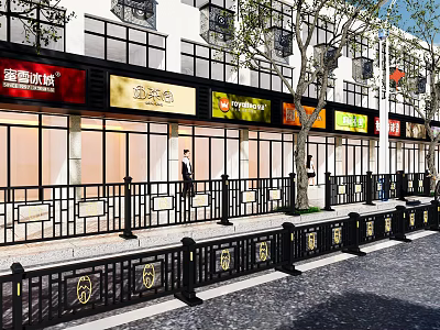 Vibrant Commercial Street With Colorful Storefront Signs Trees And Decorative Railings 3d model
