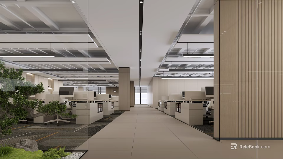 Spacious Minimalist Public Office Space With Open Layout Glass Partitions Workstations Computers And Green Plants 3d model 