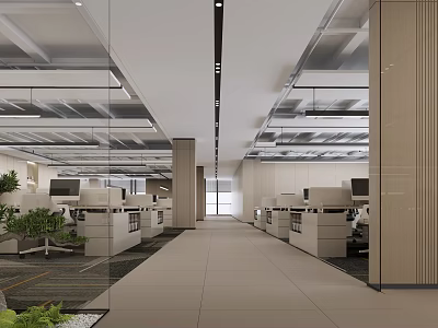 Spacious Minimalist Public Office Space With Open Layout Glass Partitions Workstations Computers And Green Plants 3d model