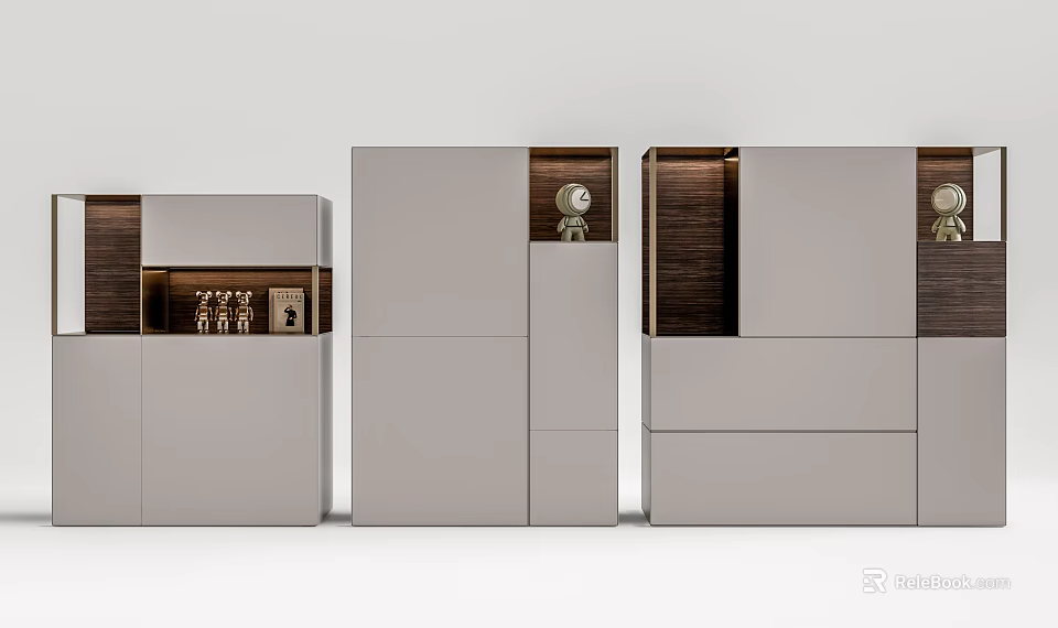 Modern Decorative Cabinet Modular Design With Wooden Gray Finish And Display Shelves 3d model 