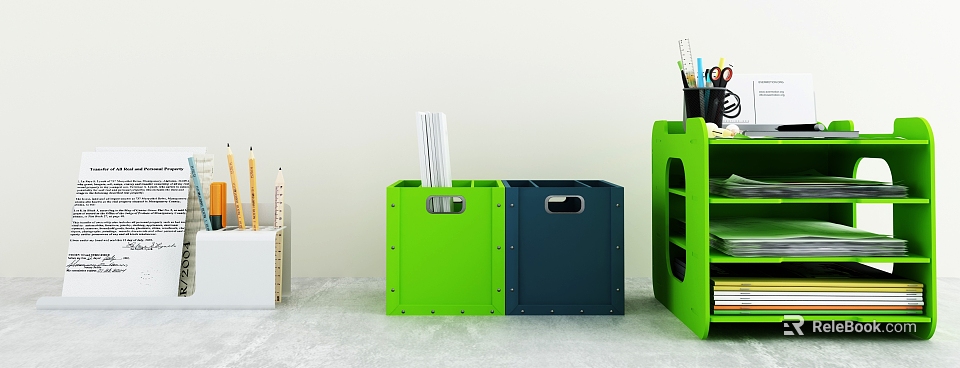 Practical Home Storage With Green Navy Blue Boxes Metal Rivets Handles And Stationery Organizer Shelf 3d model 