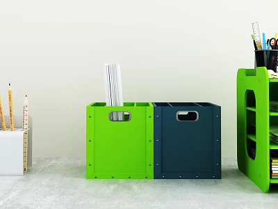 Practical Home Storage With Green Navy Blue Boxes Metal Rivets Handles And Stationery Organizer Shelf 3d model