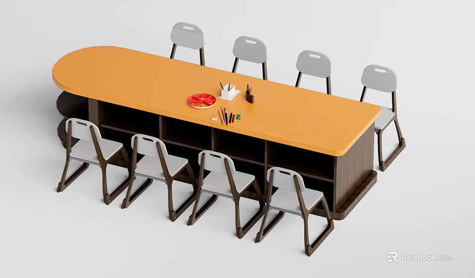 Orange Kids Table with Gray Chairs Colorful Crayons Red Plate and Under Storage 3d model 