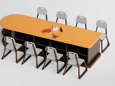 Orange Kids Table with Gray Chairs Colorful Crayons Red Plate and Under Storage 3d model