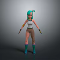 3D Animated Character With Teal Hair White Tank Top Brown Pants And Green Boots