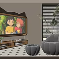 Cute Wooden TV Stand With Cat Ear Design TV Storage Shelves Living Room Plants Armchair