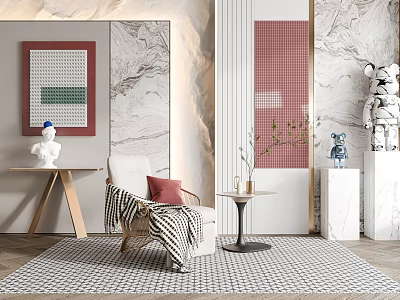 Single Seater Sofa In Modern Interior With Red Cushion Black White Throw And Geometric Rug 3d model