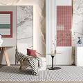 Single Seater Sofa In Modern Interior With Red Cushion Black White Throw And Geometric Rug