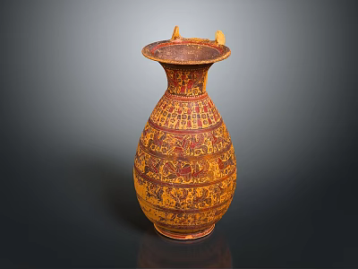 Traditional Yellow And Red Vase With Intricate Patterns And Two Small Top Horns 3d model