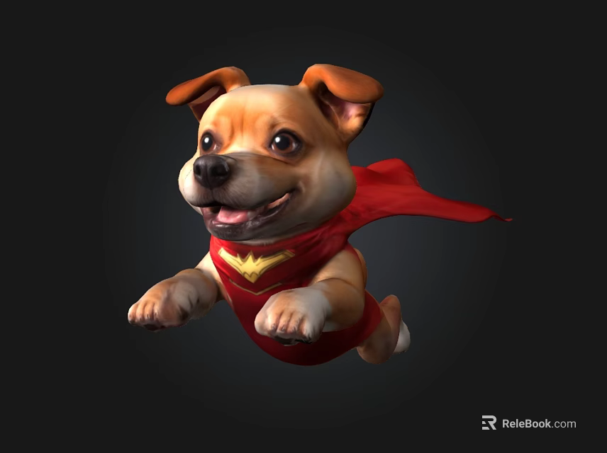 3D Rendering Of Cute Dog Wearing Red Cape Flying As Superhero Character 3d model 
