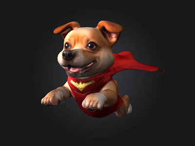 3D Rendering Of Cute Dog Wearing Red Cape Flying As Superhero Character 3d model