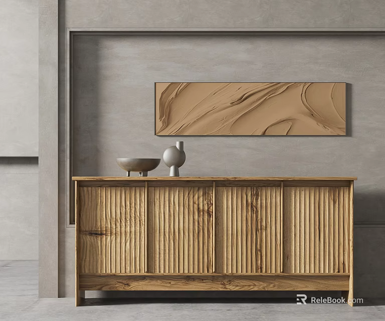 Modern Wooden Console Table with Decorative Items and Wall Art in Entryway 3d model 