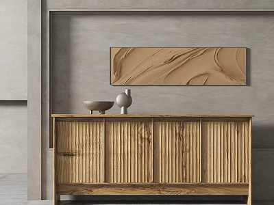 Modern Wooden Console Table with Decorative Items and Wall Art in Entryway 3d model