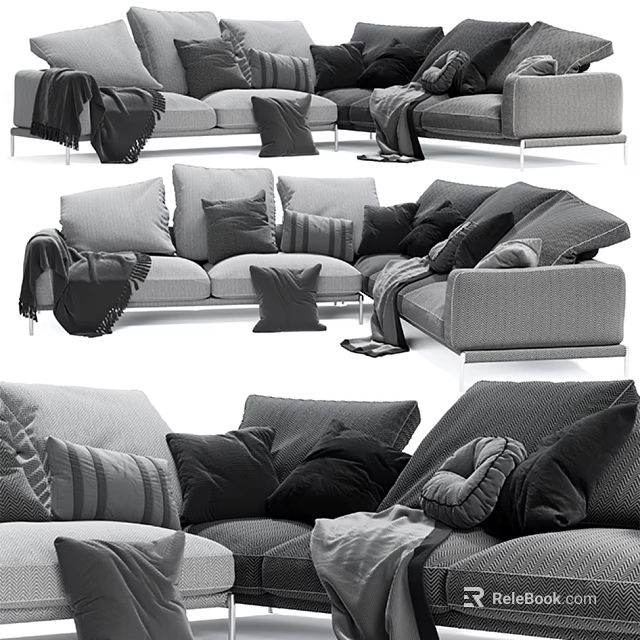 Modern Sectional Sofa Design With Gray Pillows And Cozy Blankets For Living Room 3d model 