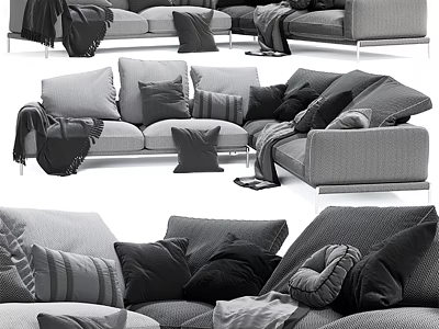Modern Sectional Sofa Design With Gray Pillows And Cozy Blankets For Living Room 3d model
