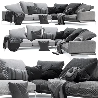 Modern Sectional Sofa Design With Gray Pillows And Cozy Blankets For Living Room 3d model