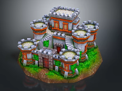 Cartoon Castle Scene With Dome Shaped Towers Stone Stairs Green Grass And Red Doors 3d model