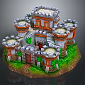 Cartoon Castle Scene With Dome Shaped Towers Stone Stairs Green Grass And Red Doors