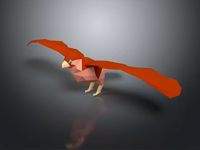 Low Poly Red Bird With Spread Wings Yellow Beak Claws On Gray Background With Reflection 3d model