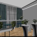 Modern Interior Space With Blue Curtains Window Bar Counter Stools And Green Plants