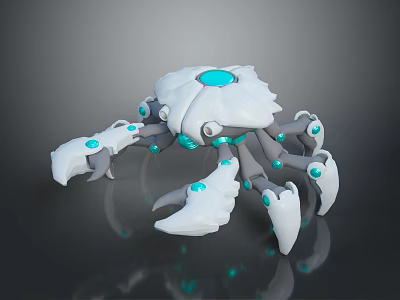 Futuristic White Mechanical Creature With Multiple Claws And Blue Glowing Accents 3d model