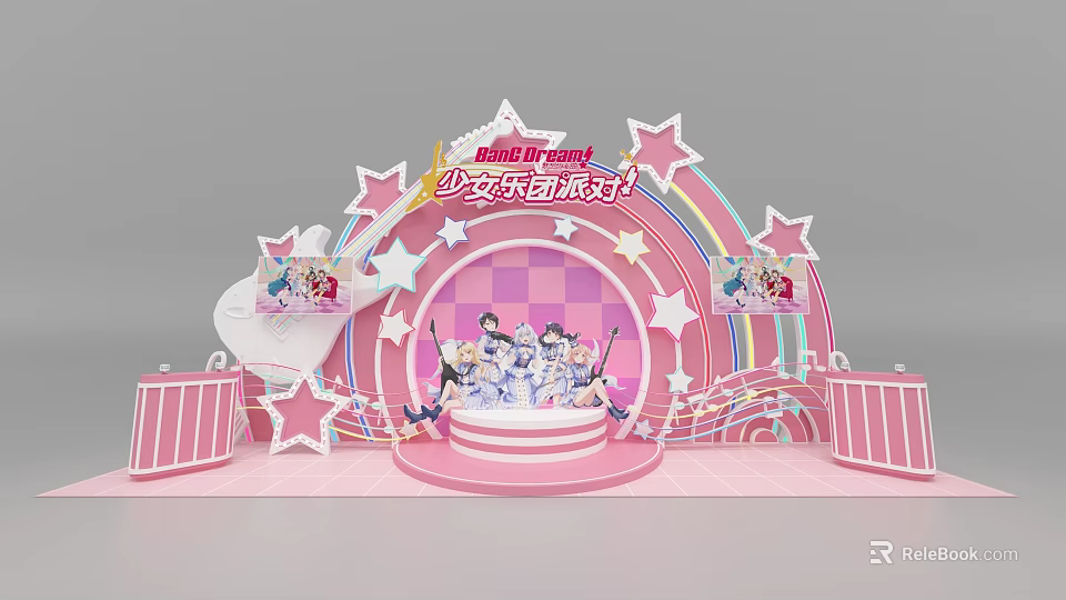 Vibrant Interactive Zone for Girls Music Party with Pink Stars Rainbow Stage and Cartoon Characters 3d model 