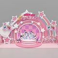 Vibrant Interactive Zone for Girls Music Party with Pink Stars Rainbow Stage and Cartoon Characters