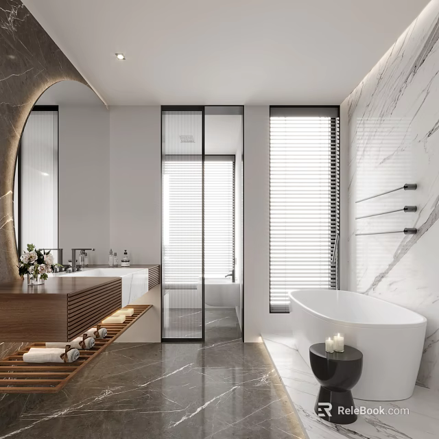 Modern Bathroom With Wooden Vanity Freestanding Tub Marble Wall And Blinds 3d model 