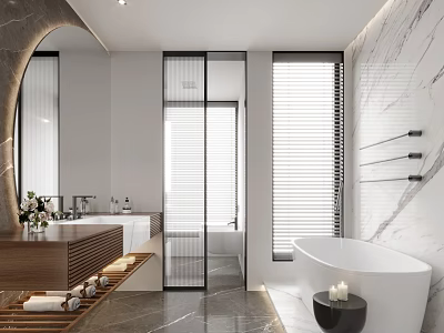 Modern Bathroom With Wooden Vanity Freestanding Tub Marble Wall And Blinds 3d model