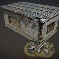 Dilapidated Small House With Damaged Walls Slanted Roof Iron Bar Window And Scattered Rubble