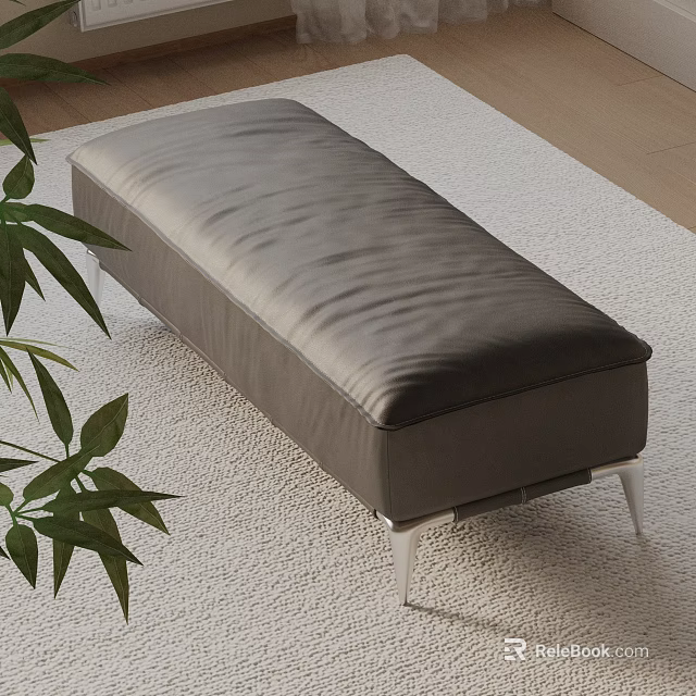 Modern Gray Leather Sofa Bench on Light Carpet with Green Plant and Wooden Floor 3d model 
