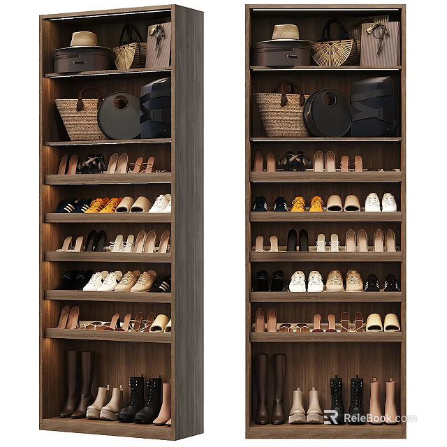 Modern Wooden Shoe Cabinet With Multiple Shelves For Various Shoes And Storage Baskets 3d model 