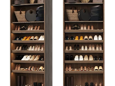 Modern Wooden Shoe Cabinet With Multiple Shelves For Various Shoes And Storage Baskets 3d model