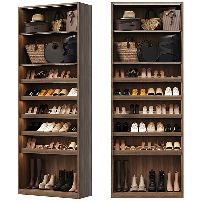 Modern Wooden Shoe Cabinet With Multiple Shelves For Various Shoes And Storage Baskets 3d model