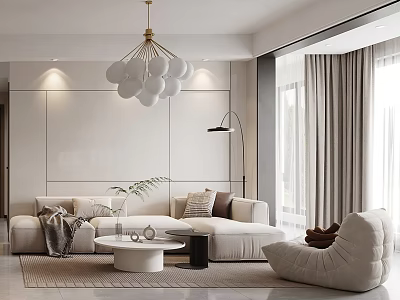 Modern Living and Dining Room Interior With White Sofa Round Pendant Light and Large Window 3d model