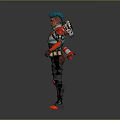 3D Rendered Game and Movie Character with Teal Hair Red Black Armor and Gear